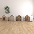 House Shaped Decorative Ornament Set With Wooden Fabric Design And Green Plant