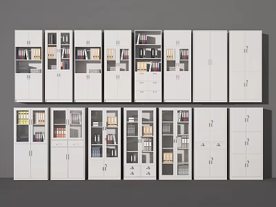 White Bookcases Interior With Glass Doors Open Shelves And Organized Books Files 3d model