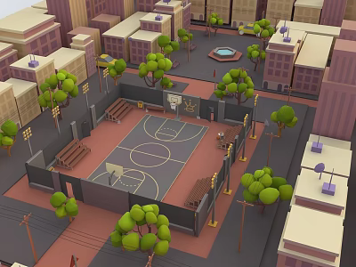Cartoon Style Urban Basketball Court With Trees Buildings And Benches 3d model