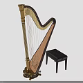 Classical Wooden Harp With Gold Accent And Black Padded Stool Musical Instrument