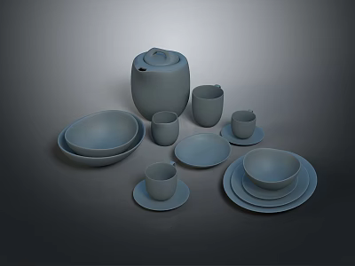 Minimalist Gray Ceramic Household Dinnerware Set Including Kettle Bowls Cups And Plates 3d model