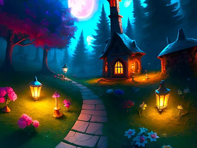 Enchanted Forest Night Scene With Full Moon Glowing Lanterns Stone Path Cottages And Colorful Flowers 3d model