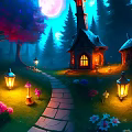 Enchanted Forest Night Scene With Full Moon Glowing Lanterns Stone Path Cottages And Colorful Flowers