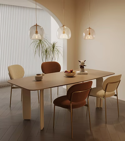 Modern Dining Room With Wooden Table Beige Brown Chairs Pendant Lights And Potted Plants 3d model