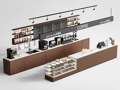 Modern Coffee Shop Cashier Counter With Coffee Machines Display Cabinets And Pastries 3d model
