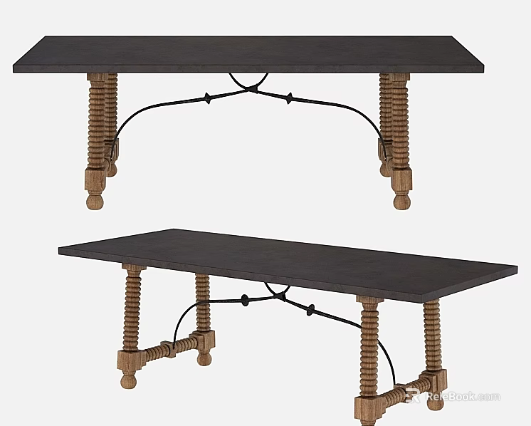 Elegant Wooden Office Desk with Black Tabletop Golden Carved Legs and Crossbar Design 3d model 