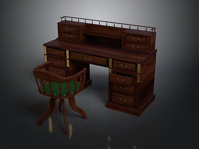 Traditional Wooden Office Desk With Multiple Drawers And Green Padded Chair Design 3d model