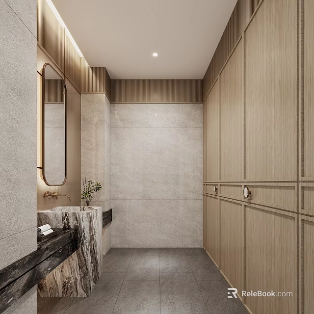 Public Restroom Interior With Modern Design Wooden Cabinets Gray Tiled Walls Marble Countertop And Mirror 3d model 