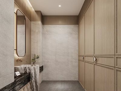 Public Restroom Interior With Modern Design Wooden Cabinets Gray Tiled Walls Marble Countertop And Mirror 3d model