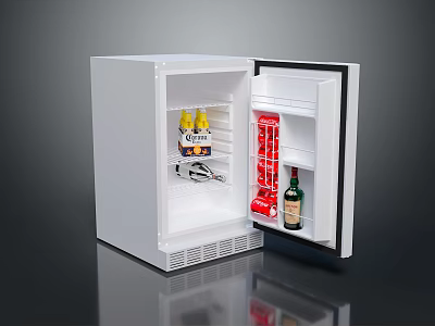 White Compact Mini Fridge With Open Door Storing Drinks Cans And Bottles 3d model