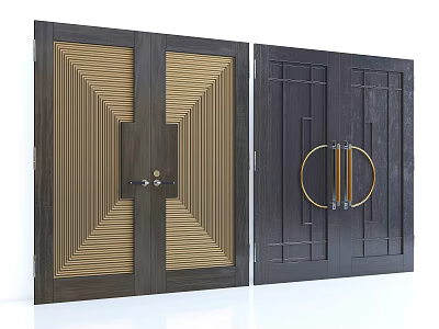 Dark Brown Entrance Door Featuring Gold Geometric Patterns Vertical Stripes And Circular Handles 3d model