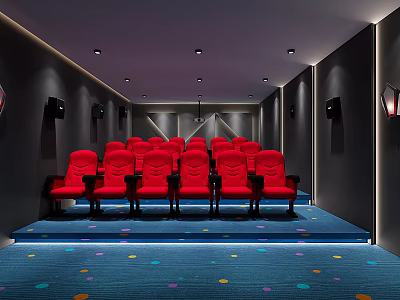Modern Cinema Interior Design With Red Seats Blue Carpet Colorful Dots Black Walls And Speakers 3d model