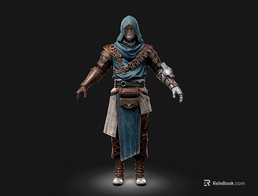 A Man Wearing Hooded Blue Cloak Brown Armor Leather Belt Boots Isolated On Dark Background 3d model 
