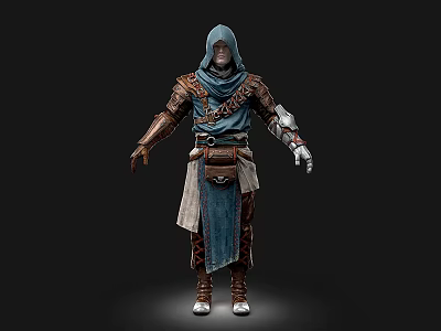 A Man Wearing Hooded Blue Cloak Brown Armor Leather Belt Boots Isolated On Dark Background 3d model