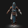 A Man Wearing Hooded Blue Cloak Brown Armor Leather Belt Boots Isolated On Dark Background