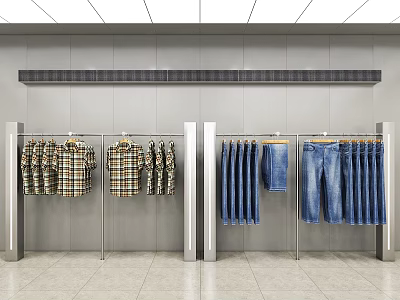 Clothing Store Display With Plaid Shirts And Blue Jeans On Hanging Racks 3d model