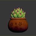 Succulent Plant with Green Leaves and Pink Tips in Orange Pot with Cherry Blossom Pattern
