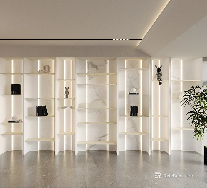 White Marble Shelving Unit With LED Lighting And Decorative Items In Modern Interior Design 3d model 
