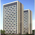 Twin Modern High Rise Office Buildings With Glass Windows And Exterior Design
