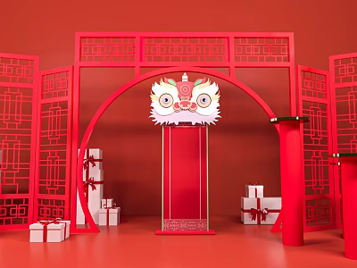 Traditional Chinese Red Ornate Arch With Festive Lion Head And White Gift Boxes 3d model