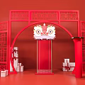 Traditional Chinese Red Ornate Arch With Festive Lion Head And White Gift Boxes