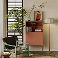 Modern Green Accent Chair With Pink Cabinet Leafy Plant And Floor Lamp In Cozy Space