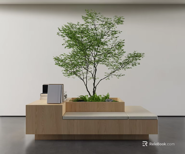 Modern Wooden Leisure Sofa Set With White Cushions Small Tree Planter And Side Shelf 3d model 