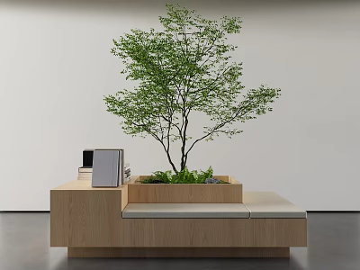 Modern Wooden Leisure Sofa Set With White Cushions Small Tree Planter And Side Shelf 3d model