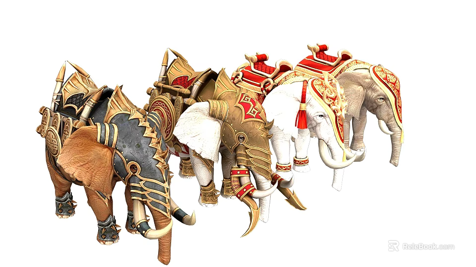 Ornate Decorated Elephants With Golden Armor Red Saddles And Intricate Details 3d model 