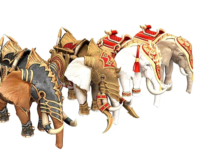 Ornate Decorated Elephants With Golden Armor Red Saddles And Intricate Details 3d model