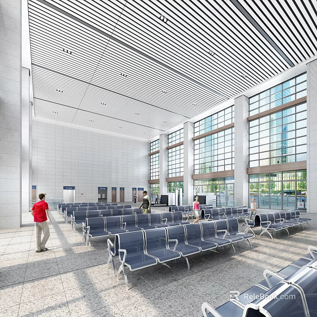 Modern Station Waiting Area With Blue Seats Large Windows And Ceiling Design 3d model 