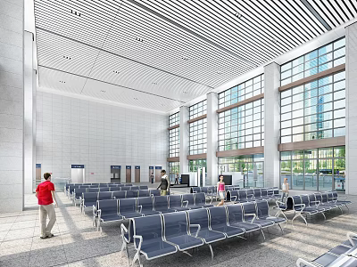 Modern Station Waiting Area With Blue Seats Large Windows And Ceiling Design 3d model