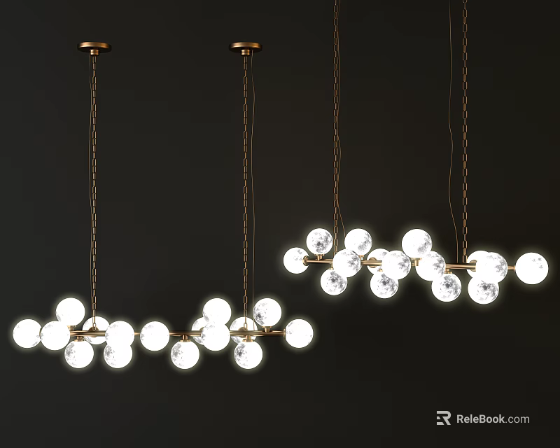 Modern Chandeliers With Multiple White Spherical Bulbs And Golden Brass Chains 3d model