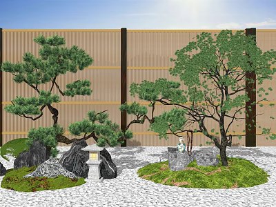Karesansui Zen Garden With Raked Sand Stones Pine Trees Moss And Bamboo Fence 3d model