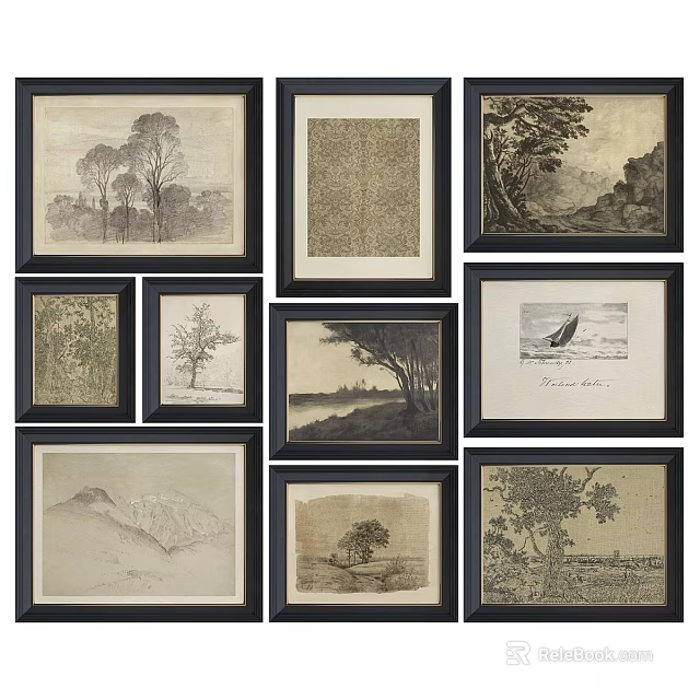 Sketch Style Framed Abstract Paintings Featuring Natural Themes Trees Landscapes And Sailboat 3d model 