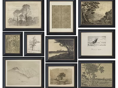Sketch Style Framed Abstract Paintings Featuring Natural Themes Trees Landscapes And Sailboat 3d model
