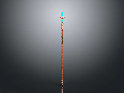Enchanted Magic Staff With Blue Glowing Crystal Top And Brown Wooden Body 3d model