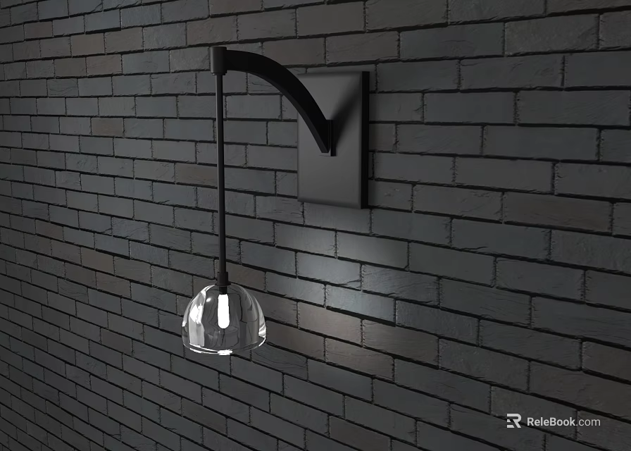 Modern Black Metal Wall Sconce With Transparent Spherical Lampshade On Dark Brick Wall 3d model 