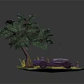 Scenic Diorama With Circular Green Ground Purple Car Tall Tree And Small Plants