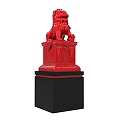 Decorative Red Lion Sculpture with Detailed Carving and Black Base Stand