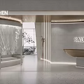 Modern Curved Reception Desk With Person Standing And Window View In Sauce Chat