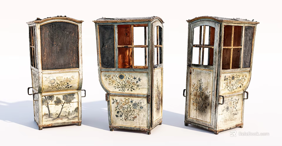 Vintage Decorative Cabinets With Floral Patterns Glass Panes And Worn Finish 3d model 