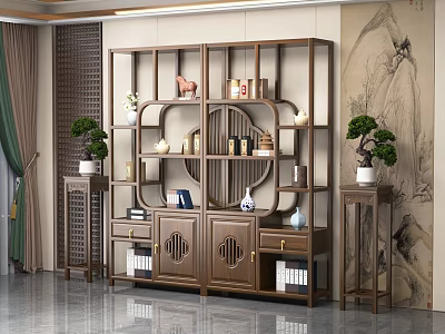 Chinese Style Wooden Bookshelf With Decorative Shelves And Green Plants On Side Cabinets 3d model