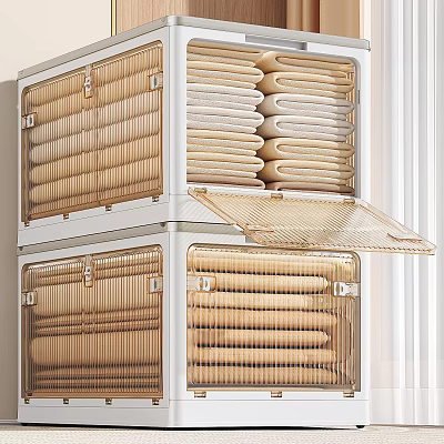 Modern Wardrobe with Layered Storage Folded Clothes Metal Frame Woven Baskets and Organized Interior 3d model