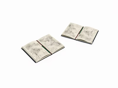 Open Hardcover Notebooks With Detailed Sketch Drawings And Red Bookmark Ribbons 3d model
