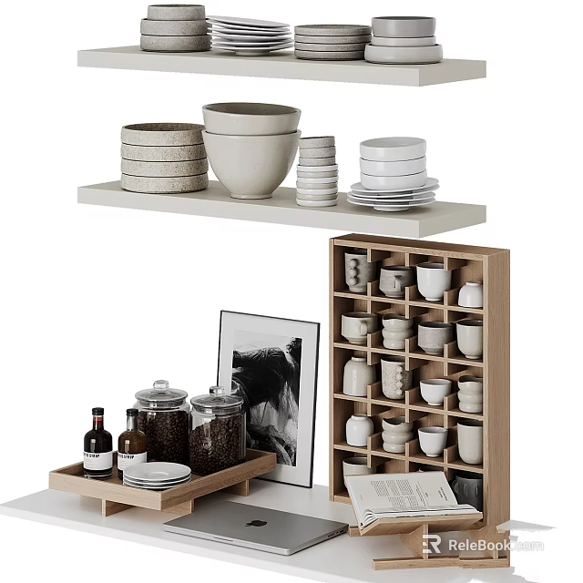 Decorative Ornament Combination With Shelves Bowls Plates Tray Jars And Storage Cabinet 3d model 