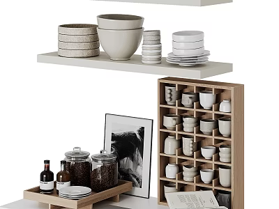 Decorative Ornament Combination With Shelves Bowls Plates Tray Jars And Storage Cabinet 3d model