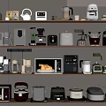 Organized Kitchen Shelves Displaying Various Small Appliances And Utensils 3d model