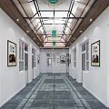 Modern Elevator Hallway Design With Glass Ceiling Pendant Lights And Paintings