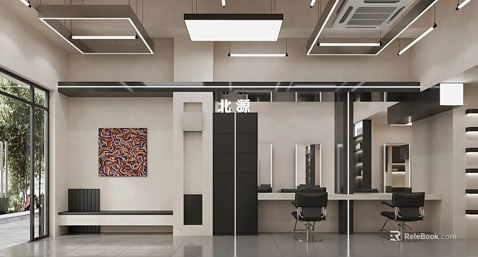 Modern Hair Salon Interior With Styling Stations Mirrors Chairs And Decorative Art 3d model 